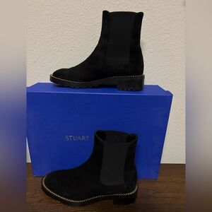 Stuart Weitzman Black Suede Boots with Gold Chain Detail